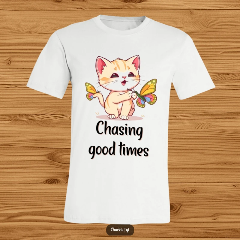 Funny Kitten T-Shirt featuring a curious kitten chasing a brightly colored butterfly, purring loudly, a playful and funny gift.