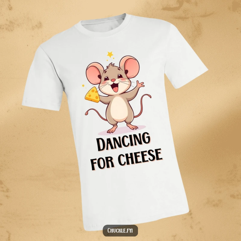 Funny t-shirt with a delighted mouse character performing a celebratory jig while proudly holding a wedge of cheese.