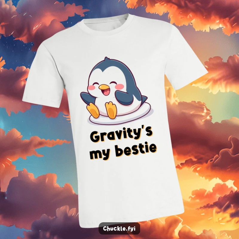 Funny penguin character T-shirt, showcasing a hilarious belly slide with a wide, happy grin, radiating pure amusement and silliness.