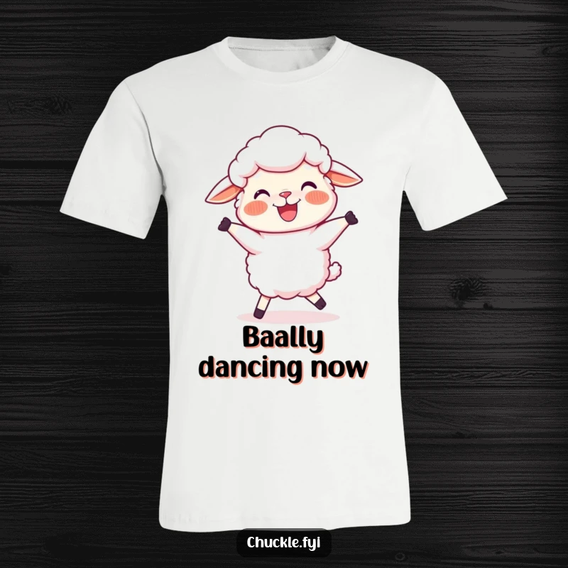 Funny Sheep T-Shirt showing a joyful cartoon sheep, rosy cheeks, doing a silly, wobbly dance, full of infectious delight.