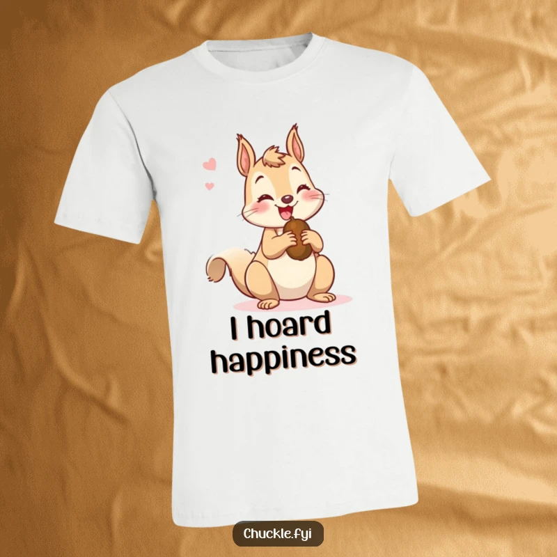 Funny t-shirt showcasing a mischievous squirrel chattering happily while clutching a nut, radiating playful energy and a busy demeanor.
