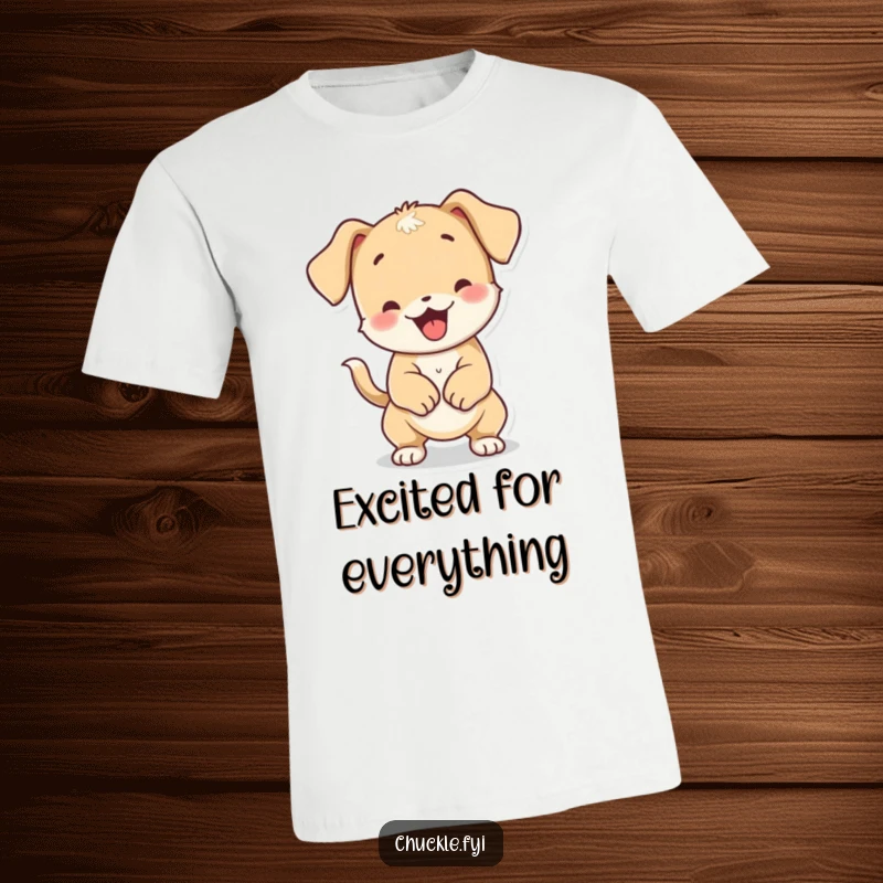 Funny playful puppy character experiencing a full-body wiggle from intense tail wagging, on a t-shirt.