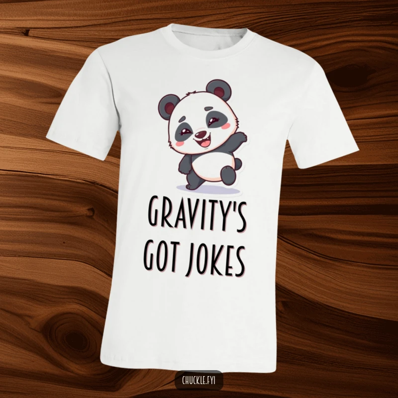 Funny bumbling panda t-shirt showcasing a clumsy panda stumbling with an infectious goofy grin, a funny gift idea.