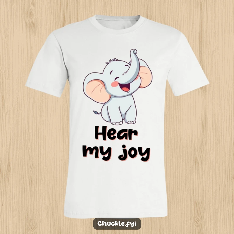 Funny t-shirt with a happy elephant character trumpeting with immense glee, trunk raised high in a celebratory, joyous pose.