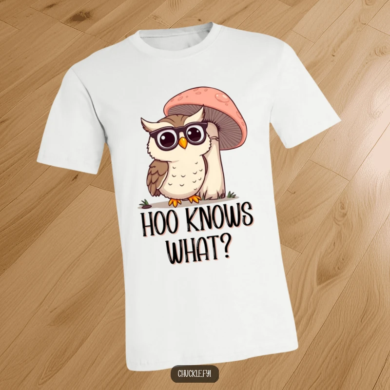 Funny Owl T-Shirt: A happy owl sporting spectacles, intently examining a giant mushroom with a wise expression.