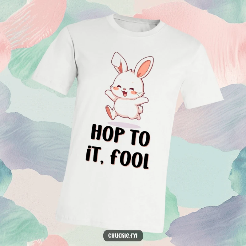 Funny Fluffy Bunny T-Shirt featuring a character hopping with energetic delight and ears flopping, a perfect graphic tee for a funny gift.