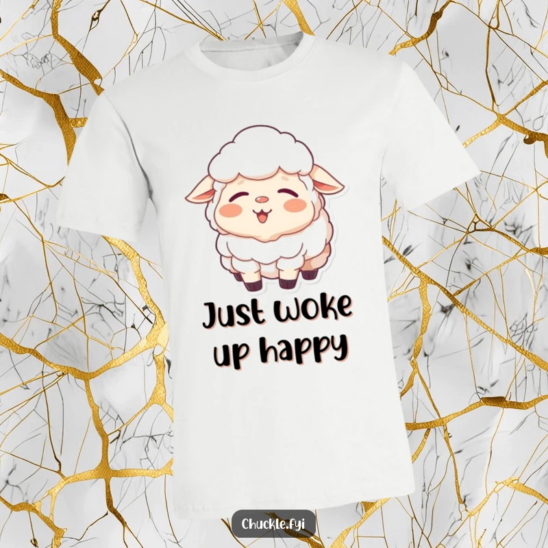 Funny Sheep T-Shirt: A sleepy sheep mid-yawn, sporting a big, happy, contented smile, exuding gentle humor.