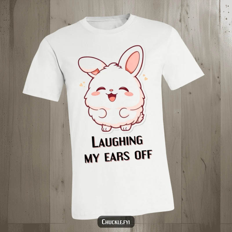 Funny fluffy bunny character laughing heartily with head tilted back on a t-shirt, expressing infectious mirth and good times.