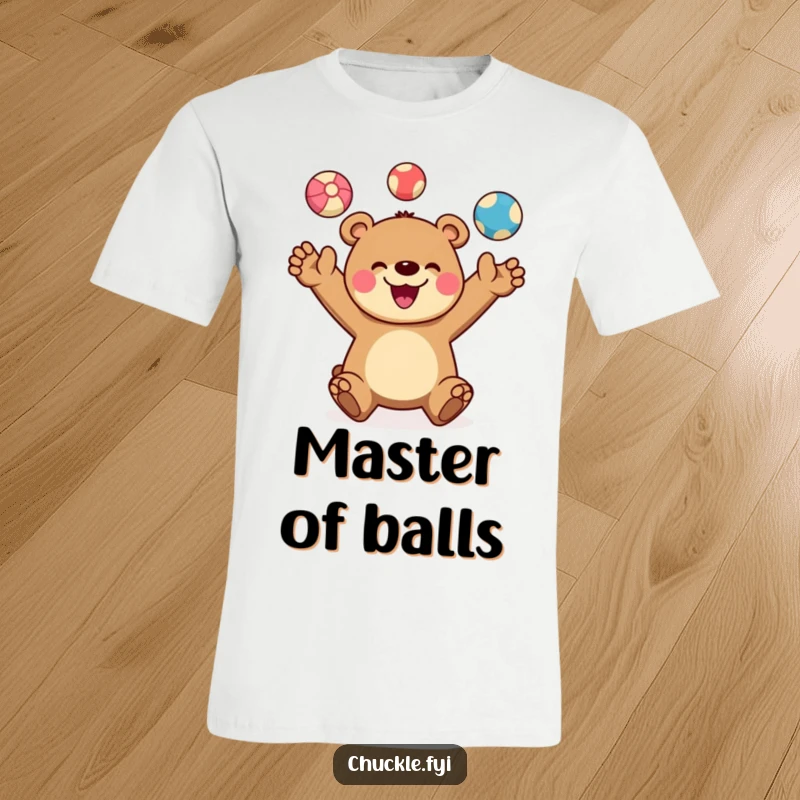 Funny t-shirt with a cheerful bear character actively juggling three vibrant balls, a wide, happy smile on its face. Playful and skilled.