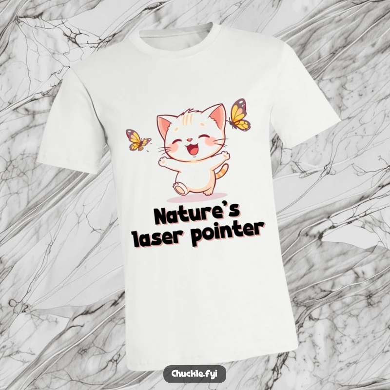 Funny kitten butterfly t-shirt showing a delighted kitten chasing a fluttering butterfly, an adorable funny gift.