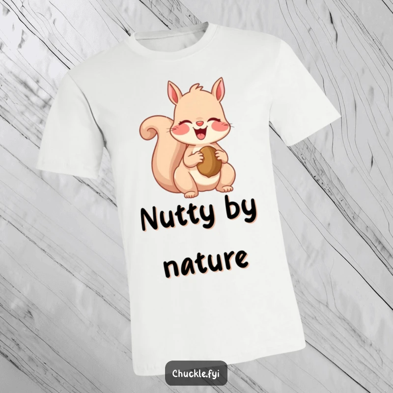 Funny t-shirt displaying a joyful squirrel laughing heartily while holding a nut, showcasing its mischievous and happy personality.