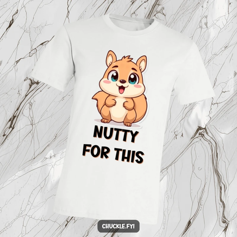 Funny t-shirt with a chattering squirrel character sporting wide, excited eyes, capturing hyperactive woodland charm.