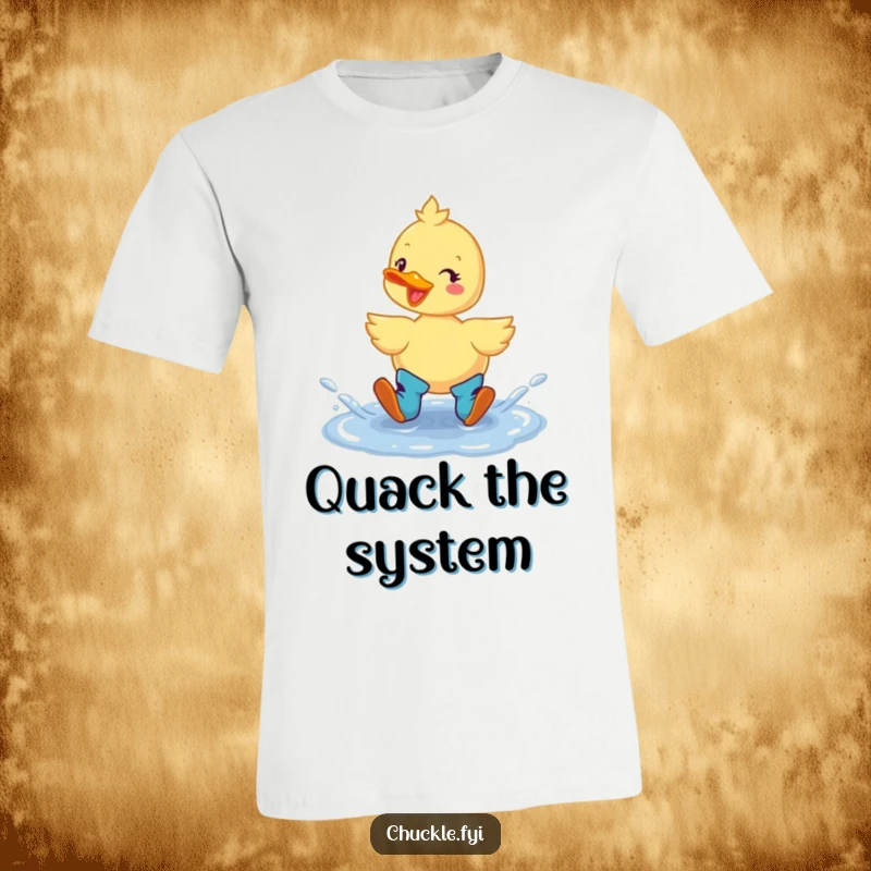 Funny Duck Boots T-Shirt: A cheerful duck artistically depicted wearing boots, joyfully splashing in a puddle with pure delight.