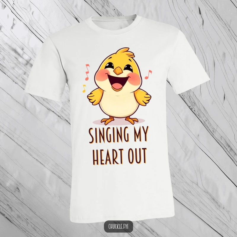 Funny Bird T-Shirt showing a happy little cartoon bird with a massive grin, singing a joyful tune, full of cheerful melody.