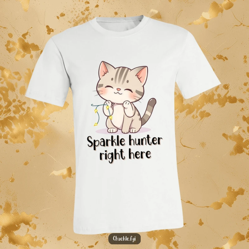 Funny cat t-shirt of a curious cat batting playfully at small, sparkling lights, embodying feline fascination.
