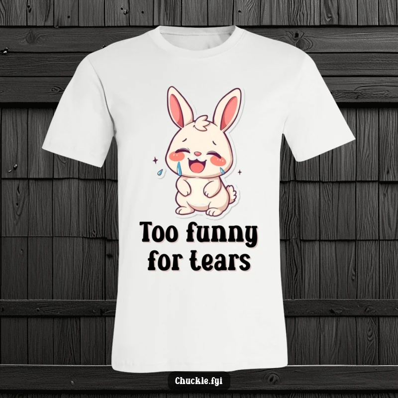 Funny kawaii bunny giggling uncontrollably, tears of joy streaming, on a t-shirt, expressing pure, happy laughter.