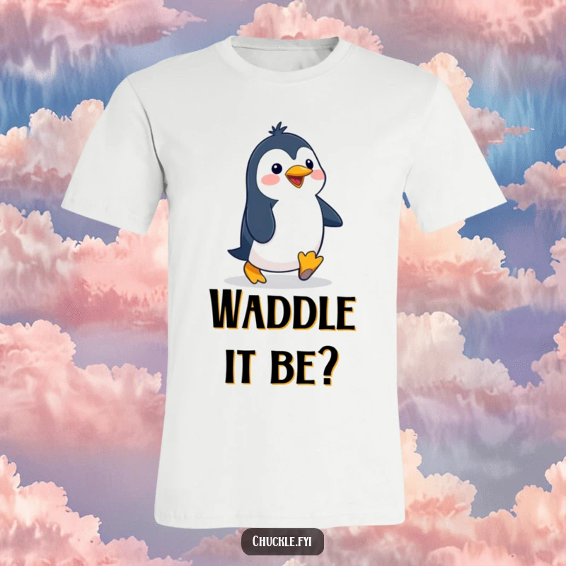 Funny penguin t-shirt featuring a delighted cartoon character waddling with a silly, exaggerated gait, perfect for spreading cheer.