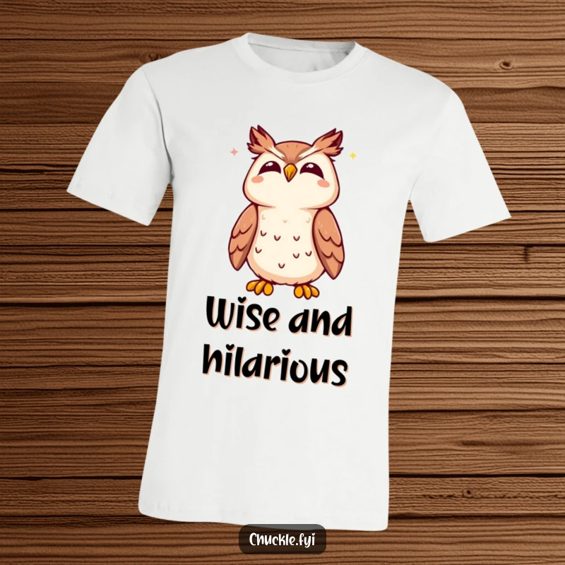Funny Kawaii owl t-shirt depicting a cute owl tilting its head back, joyfully hooting with eyes shut in amusement.