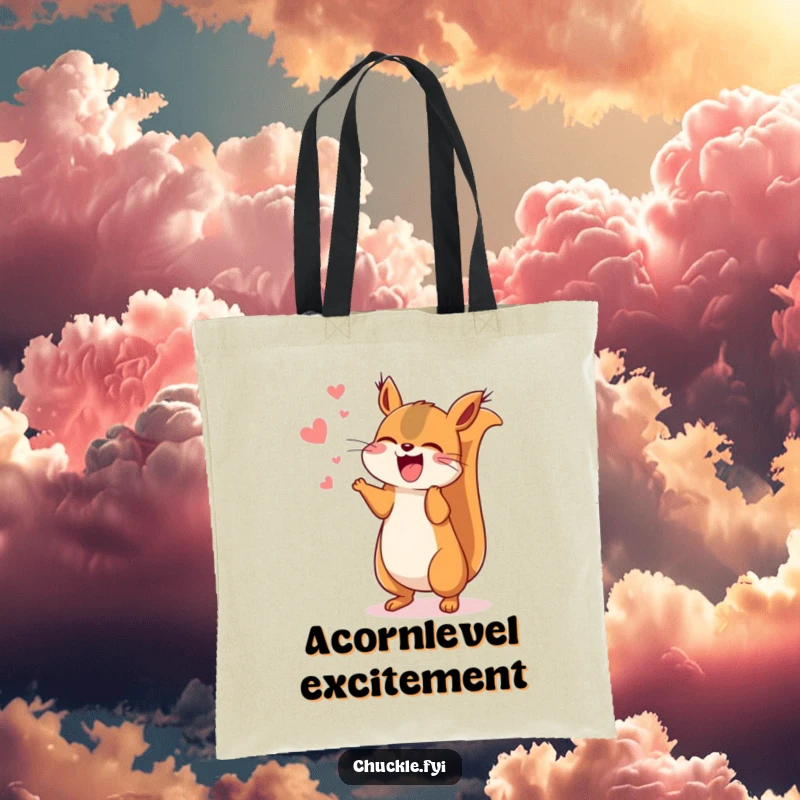 Funny Kawaii squirrel tote bag showing a cute, chattering squirrel jumping energetically, full of amusement and ready for anything.