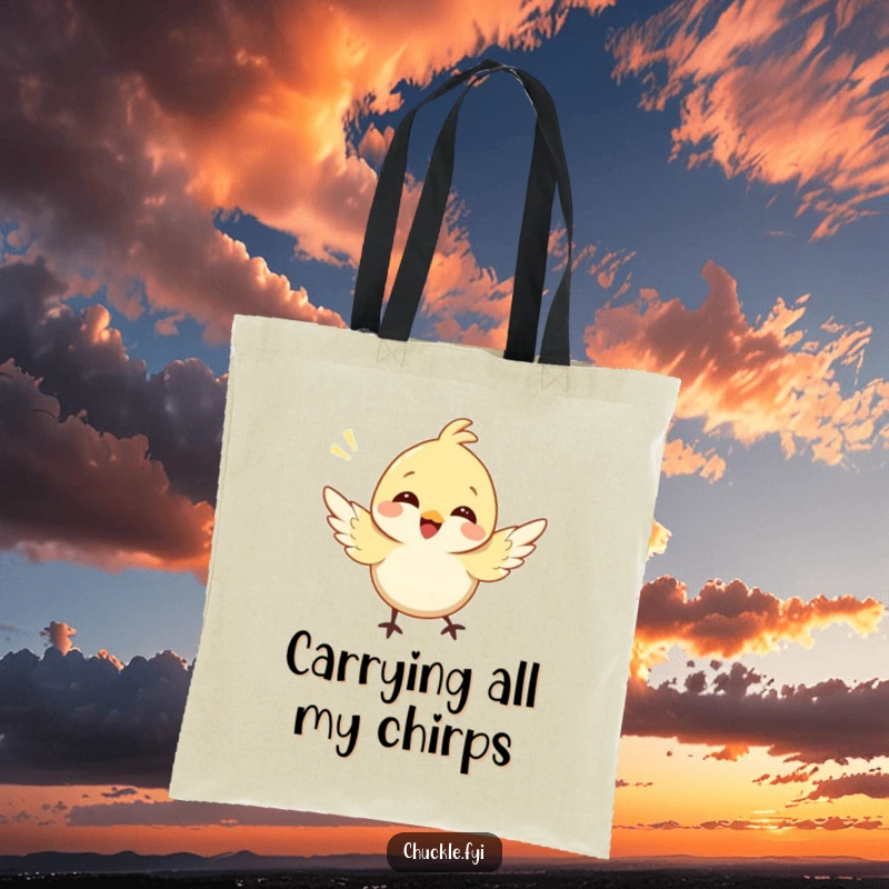 Funny bird tote bag with a delightful illustration of a happy bird flapping its wings and chirping gleefully.