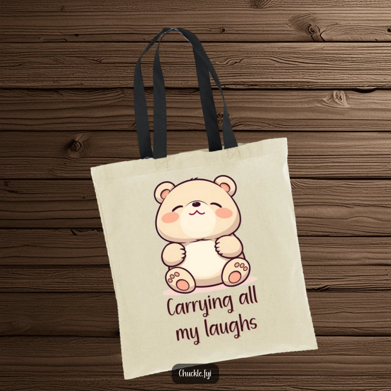 Funny Kawaii bear tote bag depicting a cute bear rolling with laughter, tummy clutched, eyes firmly closed in amusement.