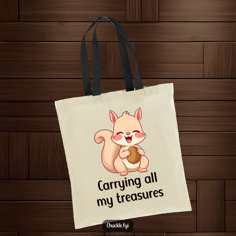Funny tote bag showcasing a gleeful squirrel giggling uncontrollably while protecting its precious nut, a symbol of simple joys.