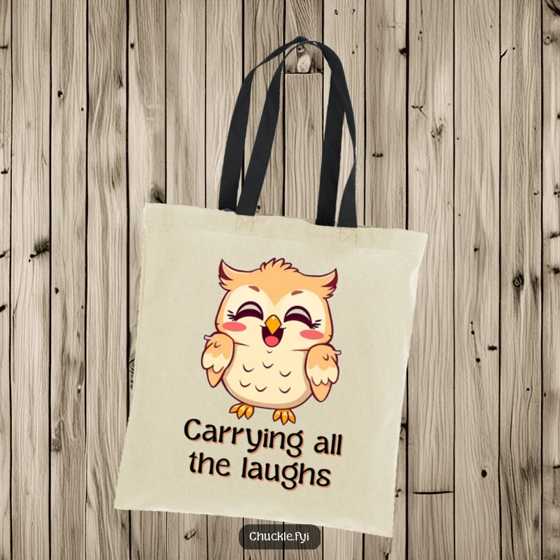 Funny owl tote bag showing a character with wide, amused eyes, head shaking in laughter, perfect for carrying essentials humorously.