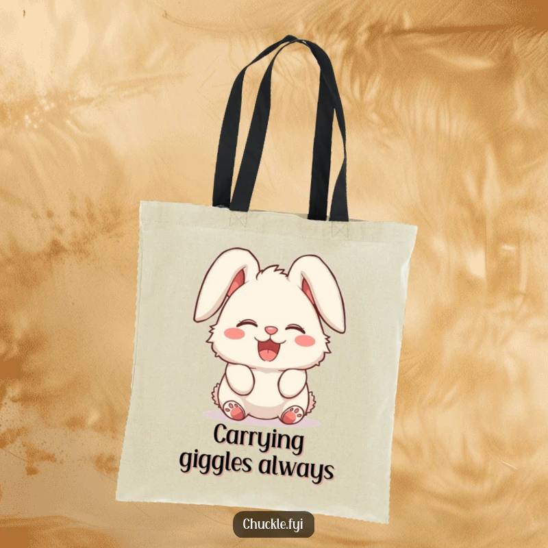 Funny tote bag showcasing a fluffy bunny character giggling uncontrollably, ears flopped over in pure delight. Carry with cheer.