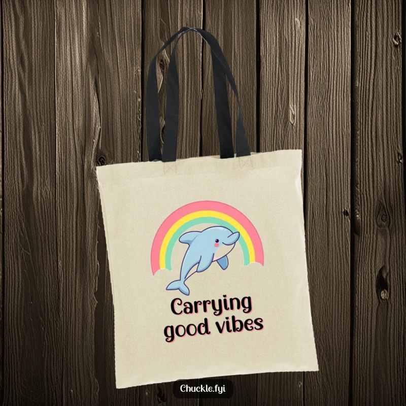 Funny dolphin tote bag with a smiling dolphin leaping through a rainbow, perfect for shopping.