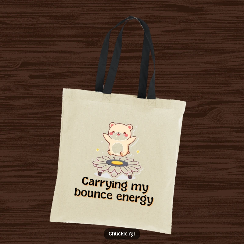 Funny tote bag with a round animal character enthusiastically bouncing on a daisy trampoline, depicting a scene of pure, unrestrained delight.
