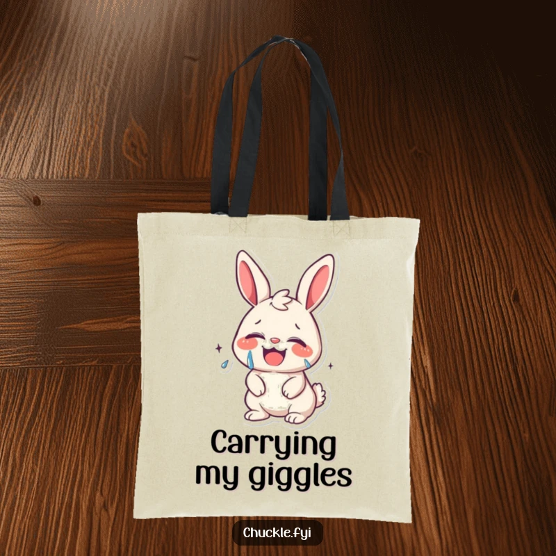 Funny kawaii bunny giggling uncontrollably, tears of joy streaming, on a durable tote bag, expressing pure delight.