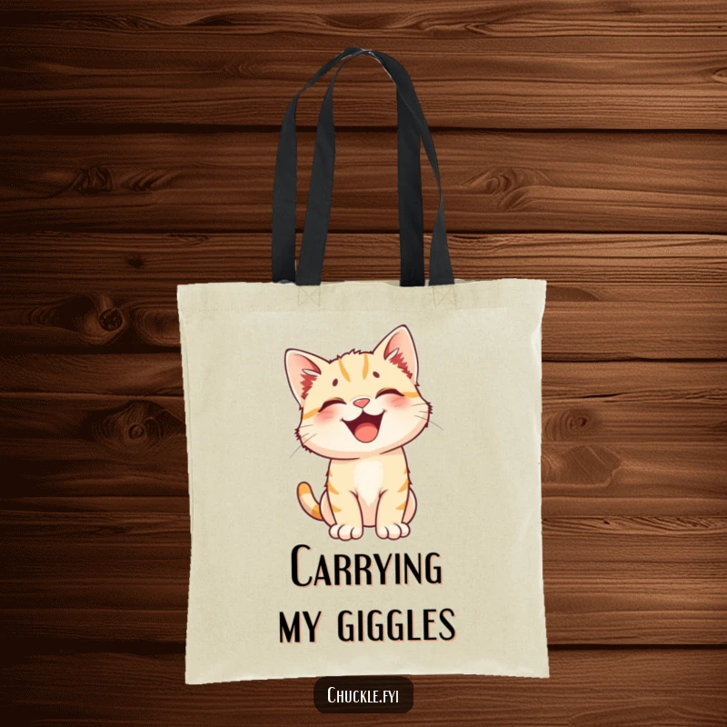 Funny tote bag showcasing a happy kitten with perked ears bursting into uncontrollable laughter. Practical and pawsitively amusing.