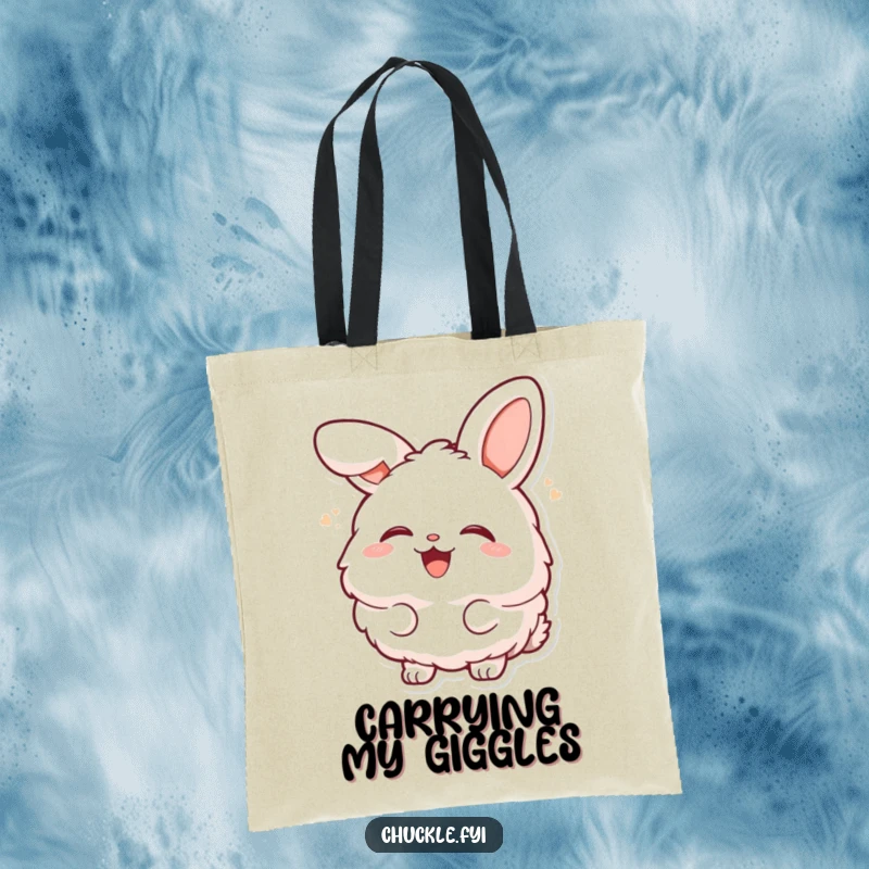 Funny fluffy bunny character laughing heartily with head tilted back on a tote bag, perfect for carrying cheer and essentials.