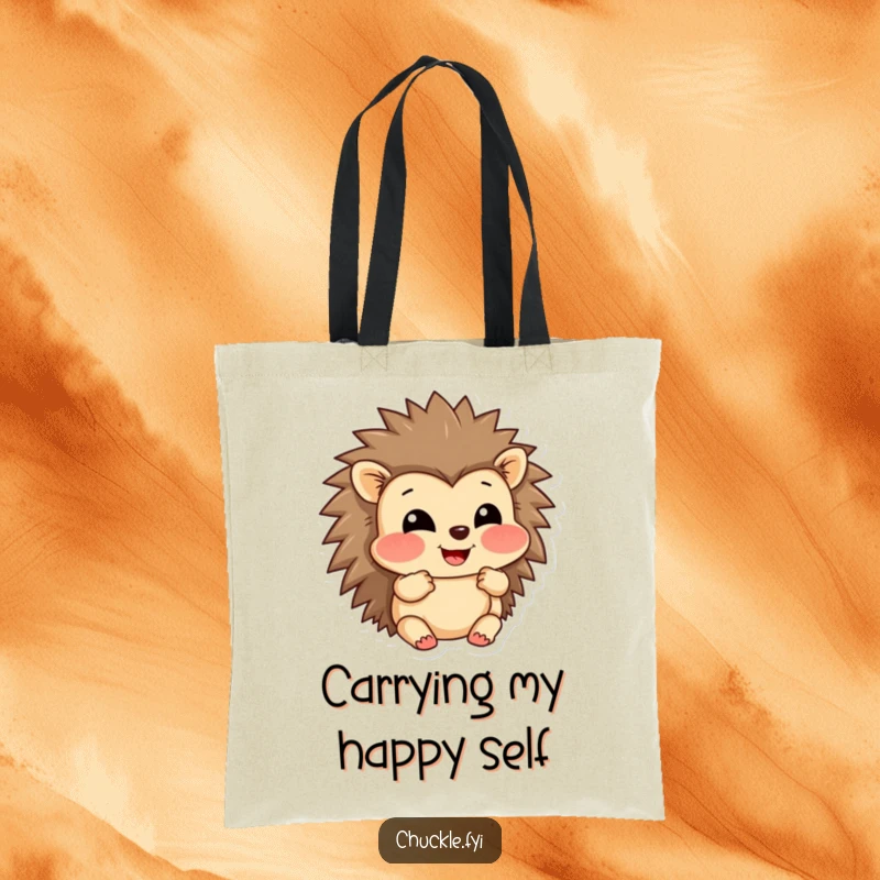 Funny tote bag showcasing a grinning hedgehog character puffing out its cheeks in amusement, designed for cute and practical use.