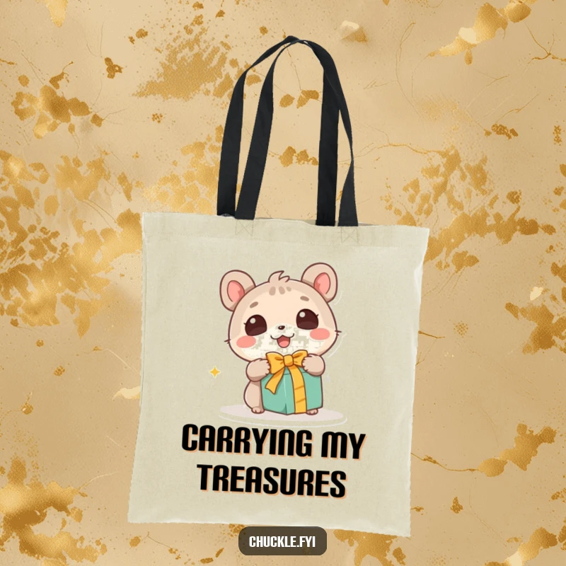Funny tote bag depicting a cute animal character with wide, wondering eyes excitedly unwrapping a gift, a charming representation of pure anticipation.
