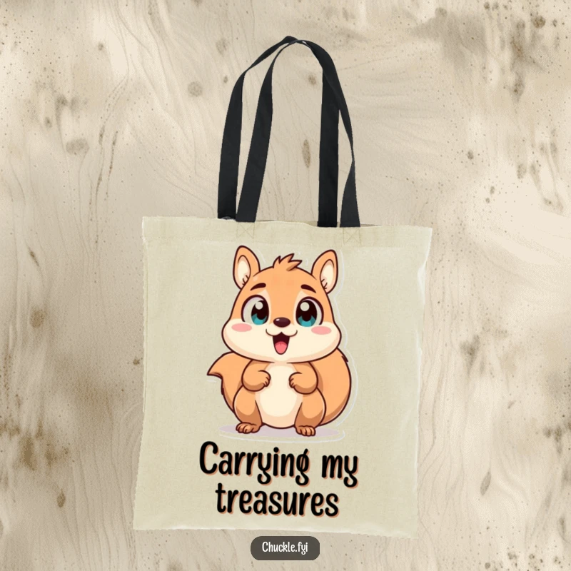 Funny tote bag featuring a chattering squirrel character with wide, excited eyes, perfect for carrying essentials with zest.