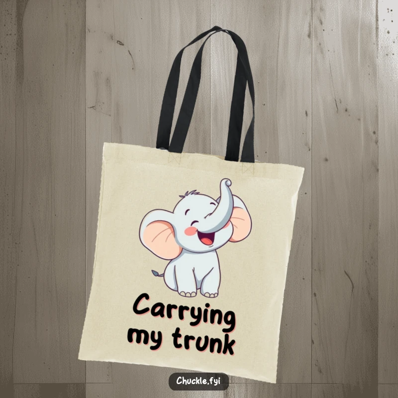 Funny tote bag featuring a happy elephant character trumpeting with glee, trunk raised high, perfect for carrying items with cheerful energy.