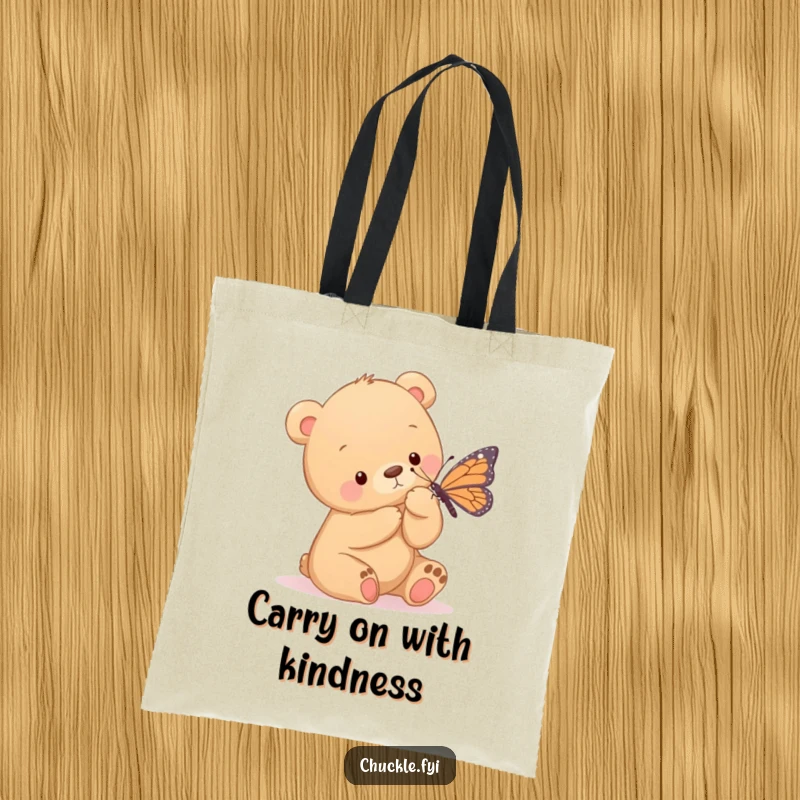 Funny tote bag illustrating a gentle bear cub tickling a butterfly with its large paw, symbolizing delicate interactions and sweet friendships.