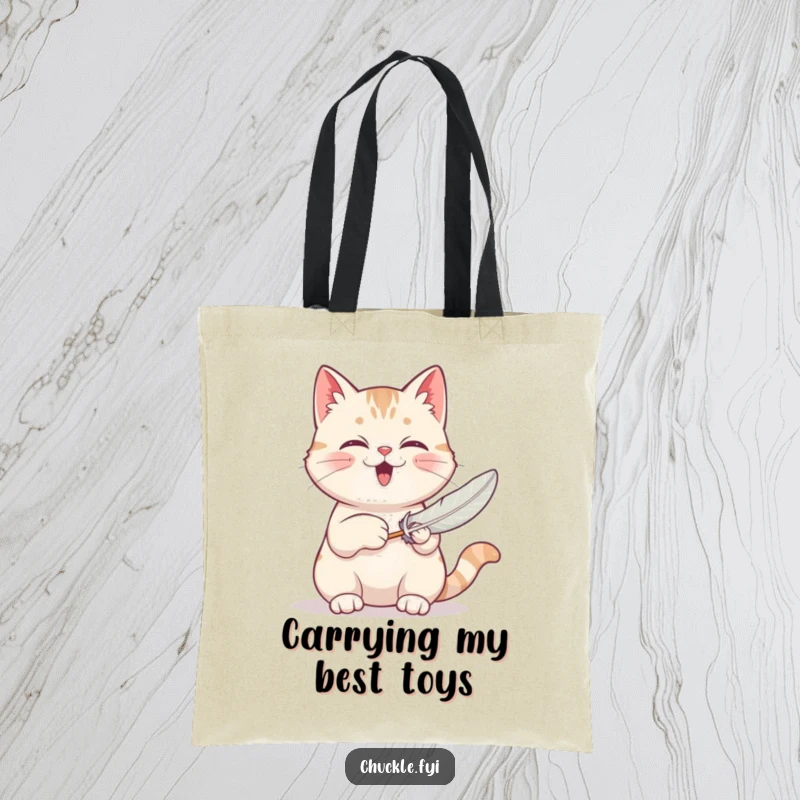 Funny tote bag showcasing a contented cat purring loudly while batting enthusiastically at a feather toy, designed for cat lovers.