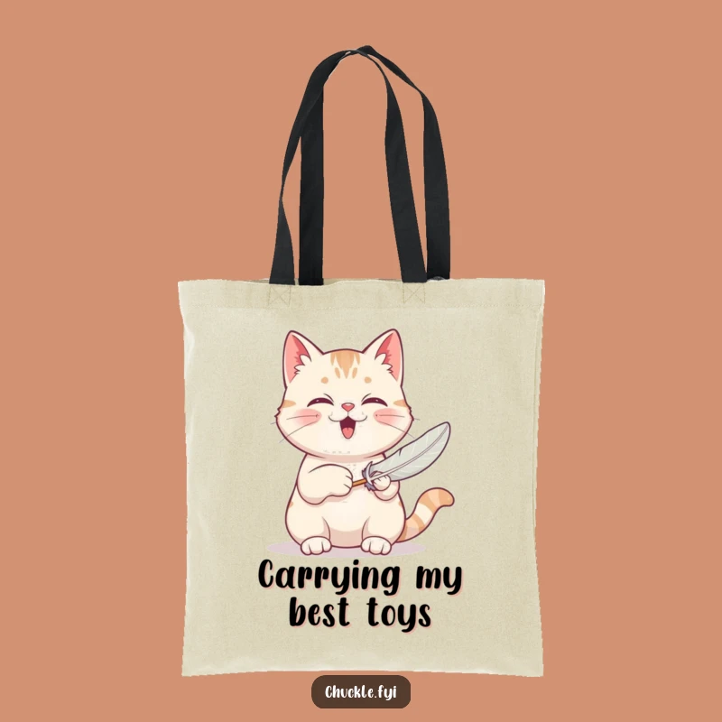 Funny Cat Tote Bag: Purring Kitty's Feather Toy Fun