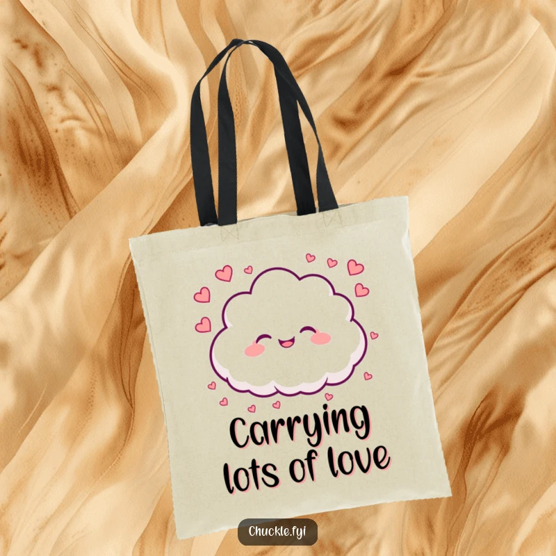 Funny tote bag showing a happy cloud character raining tiny hearts, symbolizing affectionate journeys and joyful deliveries.