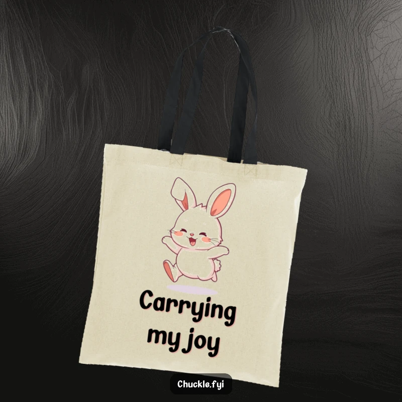 Funny Fluffy Bunny Tote Bag illustration of a character hopping joyfully, ears flying, a cute and humorous accessory, ideal funny gift.