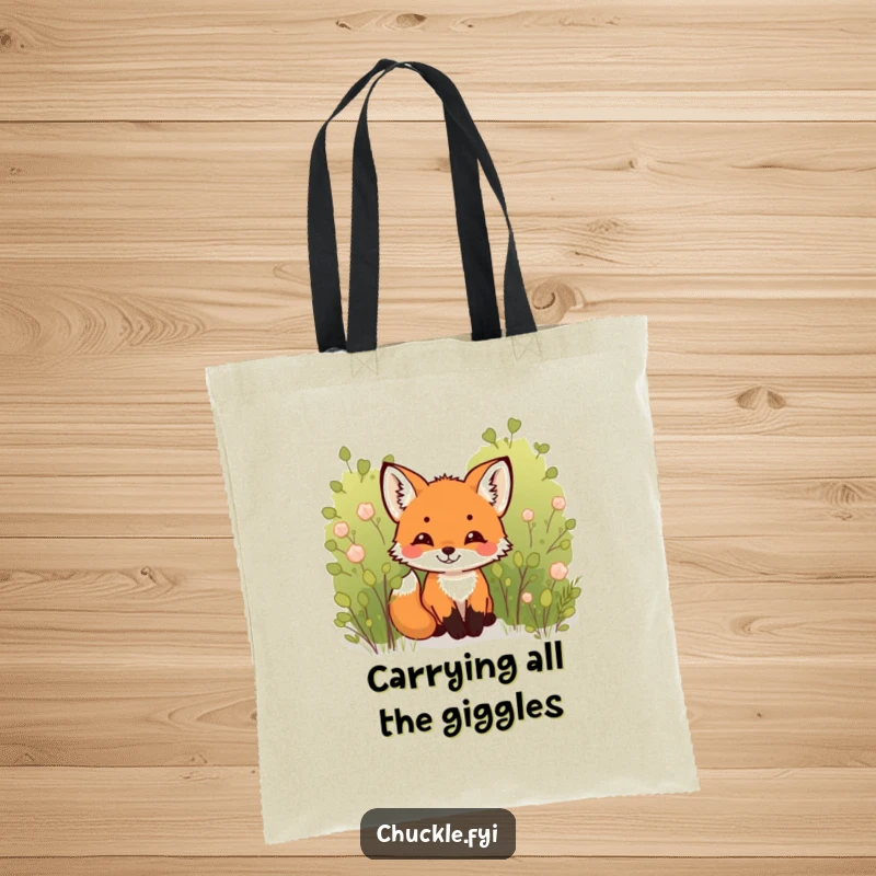 Funny Fox Cub Tote Bag: A charming tiny fox cub peeking from behind a bush, its face lit up with a joyful chuckle.