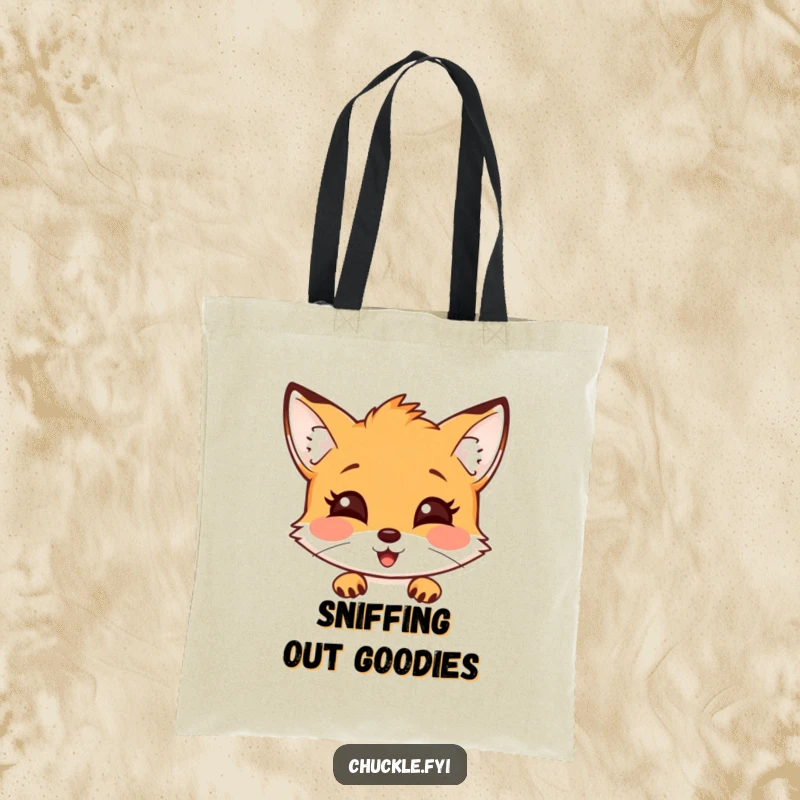 Funny fox tote bag with a curious fox peeking out with a delighted expression, great for shopping.