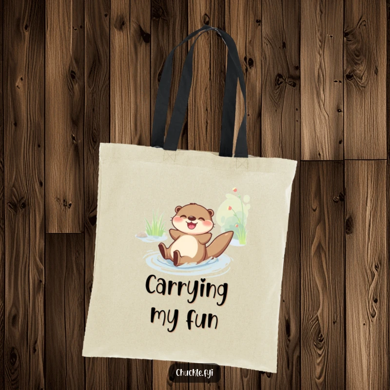 Funny Tote Bag: A happy otter character slides down a riverbank with glee, symbolizing fun and playful journeys.