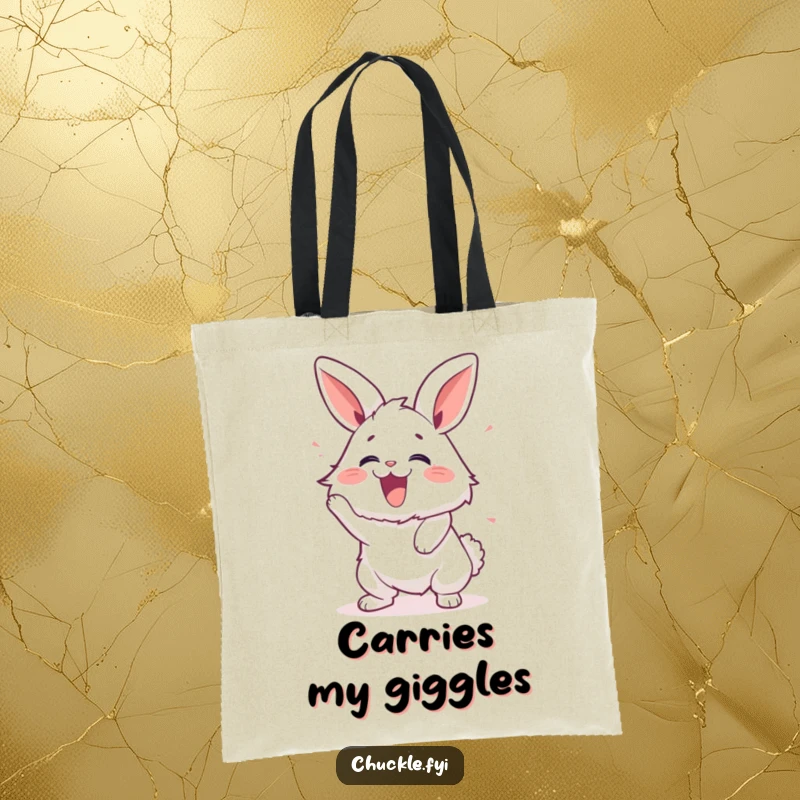Funny tote bag with a fluffy bunny shaking with laughter, perfect for carrying items with a smile.