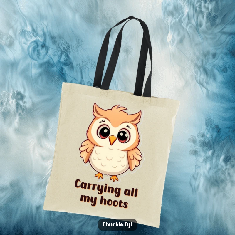 Funny Owl Tote Bag depicting a cartoon owl with wide eyes, chuckling heartily with ruffled feathers, ideal for everyday use.