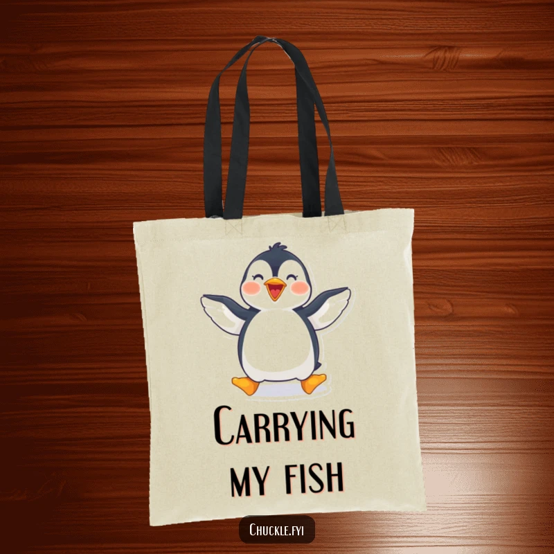 Funny penguin tote bag with a joyful penguin waddling with wings spread wide, great for shopping.