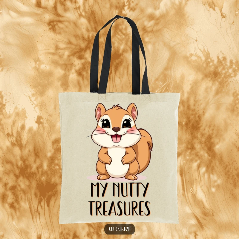 Funny tote bag with a cute squirrel character doing a comical, theatrical bow, ideal for carrying charm and essentials.