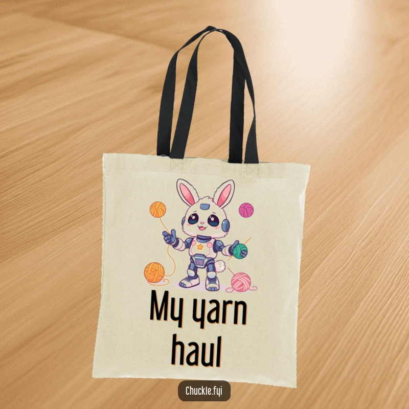 Funny Tote Bag with a fluffy bunny robot gleefully juggling colorful yarn balls, adding a pop of whimsy. Practical and amusing.
